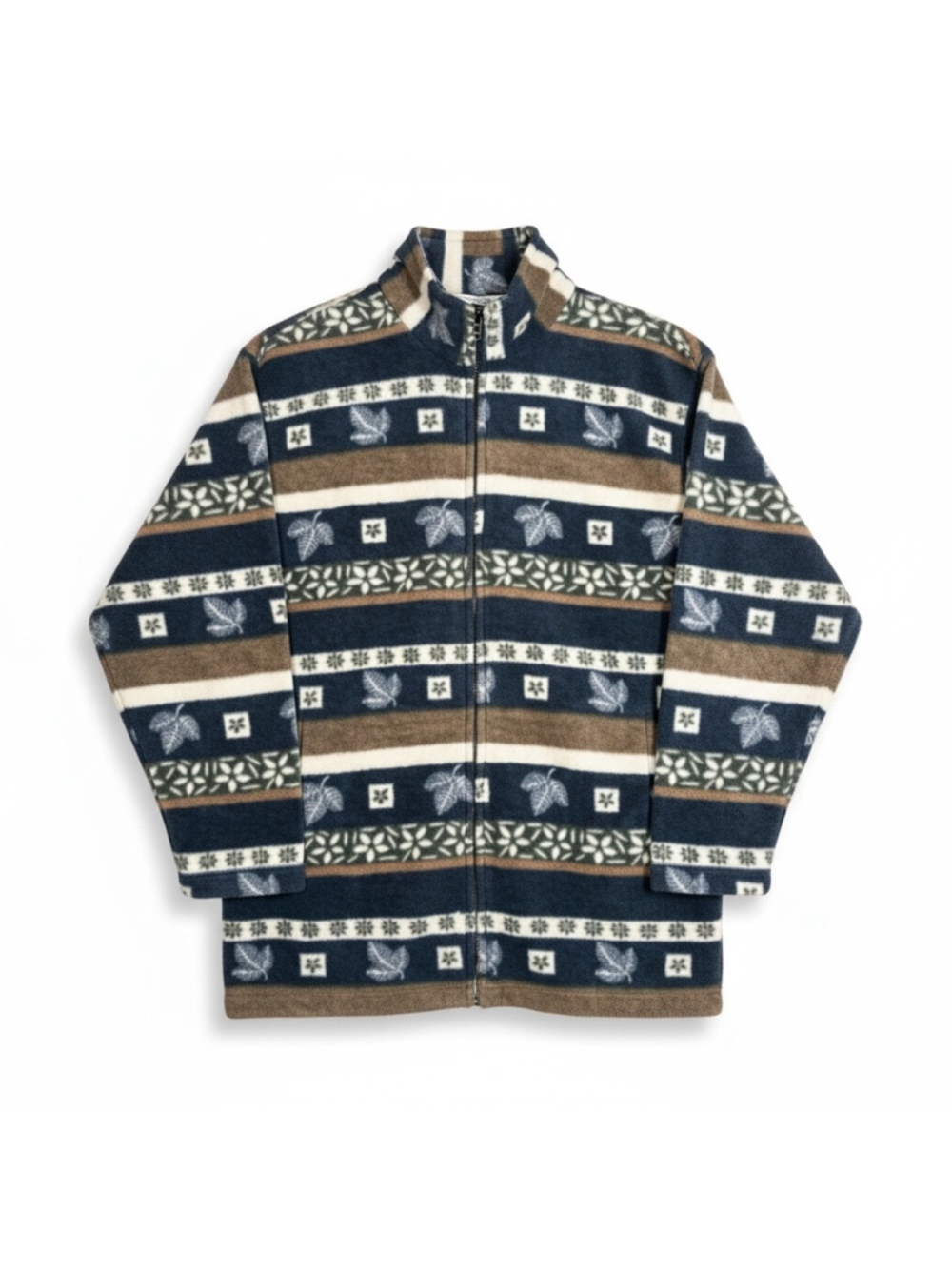 Vintage Essentials Unisex Blue and Brown Patterned Zip-Up Fleece Sweater